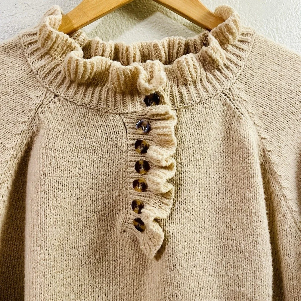 Ruffle Sweater Brown Quarter Button Up Details Cozy Cabin‎ Warm Women's Sz L